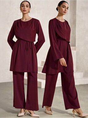 NWT Women’s Long Sleeve Tunic & Wide-Leg Pants Set in Burgundy
